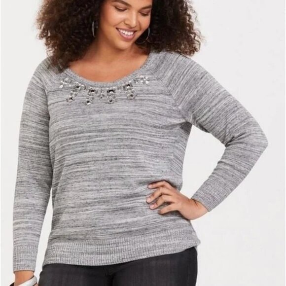 TORRID Women's Gray Marled Embellished Scoop Neck Pullover Sweater 2 Rhinestone - Picture 1 of 10